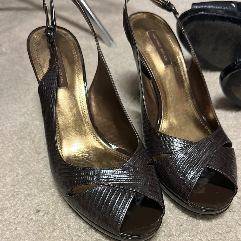 ANTONIO MELANI Brown Peep-Toe Slingback Heels